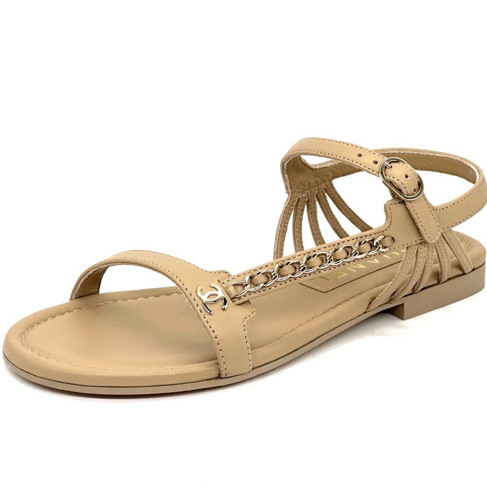 CHANEL 24S Leather Interwoven Chain CC Logo Strappy Flat Sandals Shoes